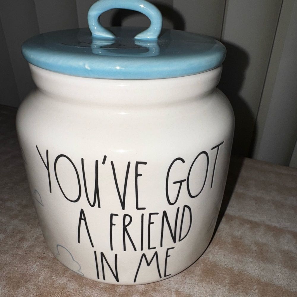 Rae Dunn Pixar Toy Story “ you’ve got a friend in me” White and Blue Ceramic Jar